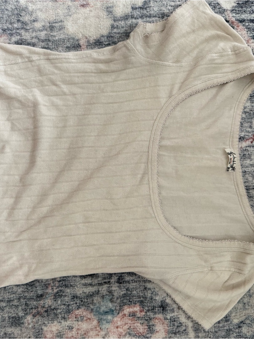 Free People Cream Ribbed Short Sleeve Scoop Neck Tee